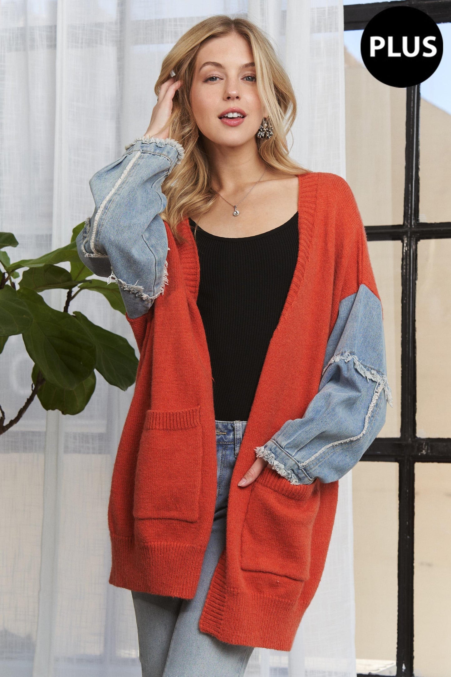 ADORA Plus Frayed Denim Sleeve Cardigan