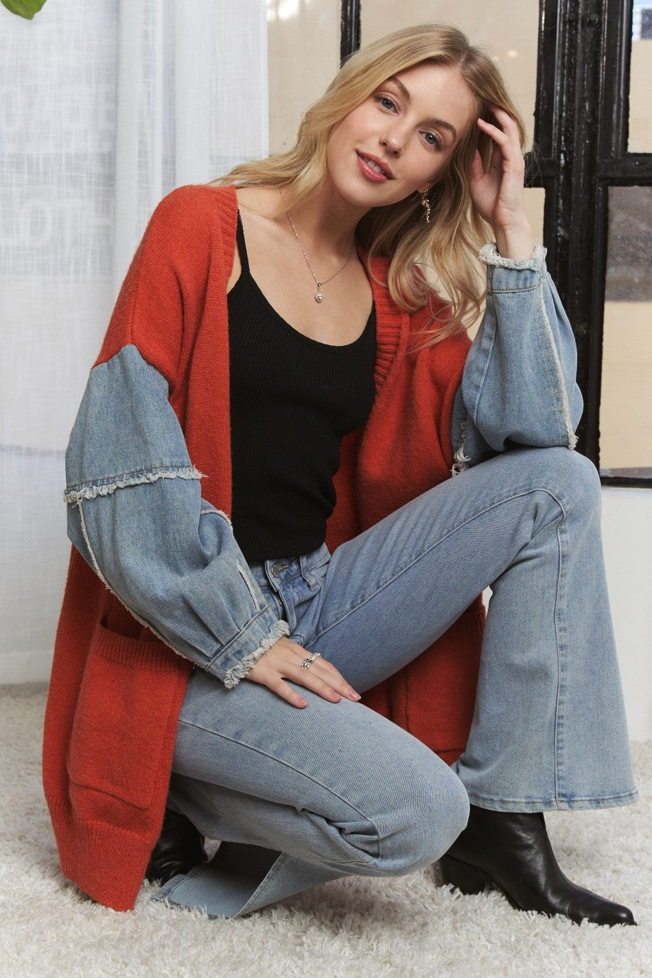 ADORA Plus Frayed Denim Sleeve Cardigan