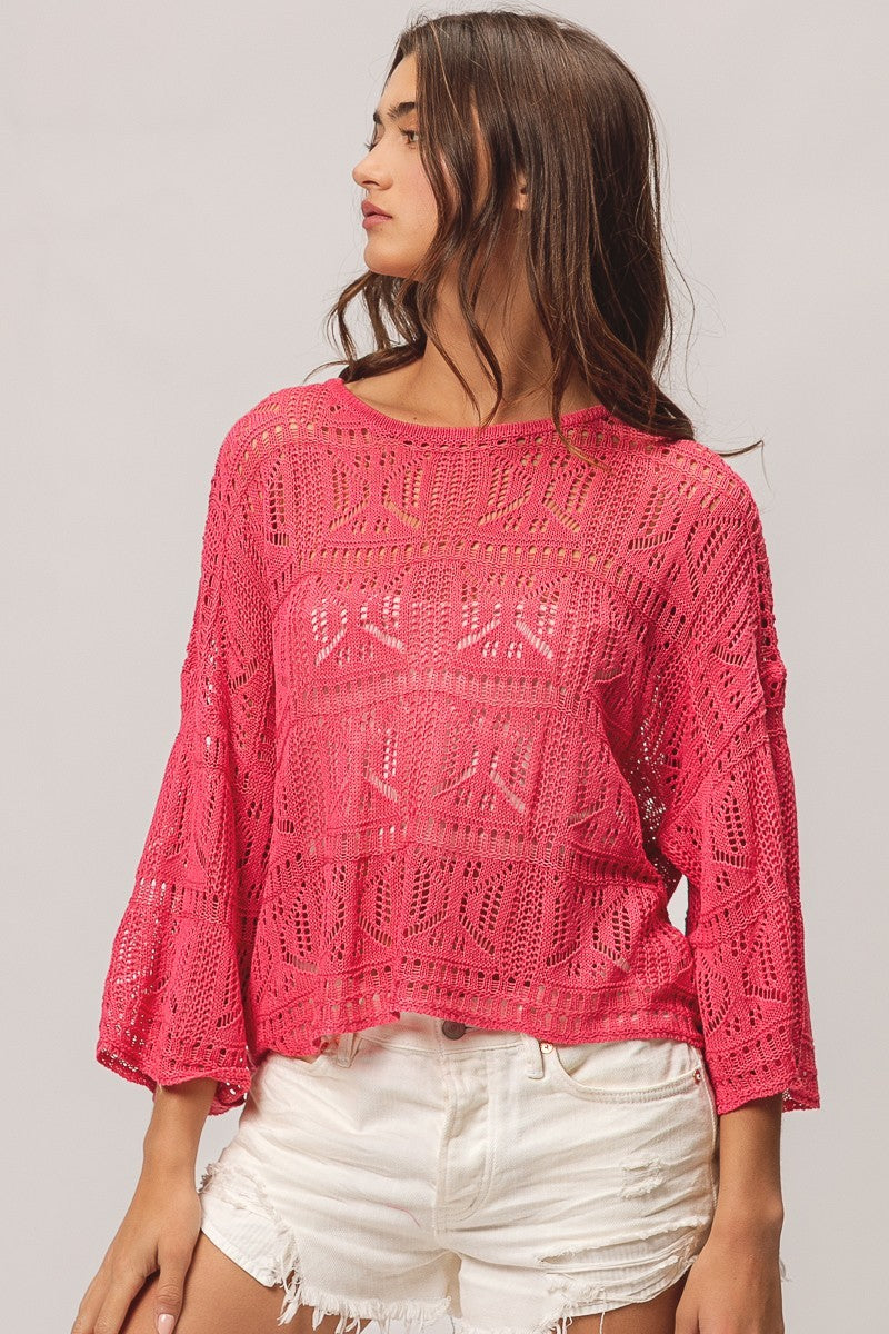 BIBI Round Neck Long Sleeve Pointelle Top