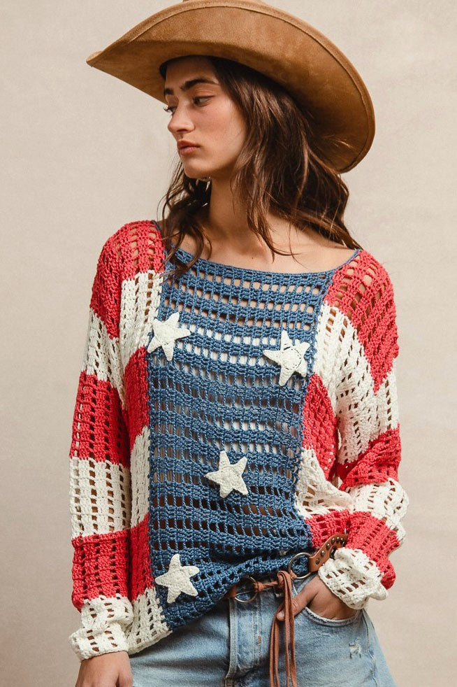 BIBI Crochet Star Open Knit American Flag Sweater