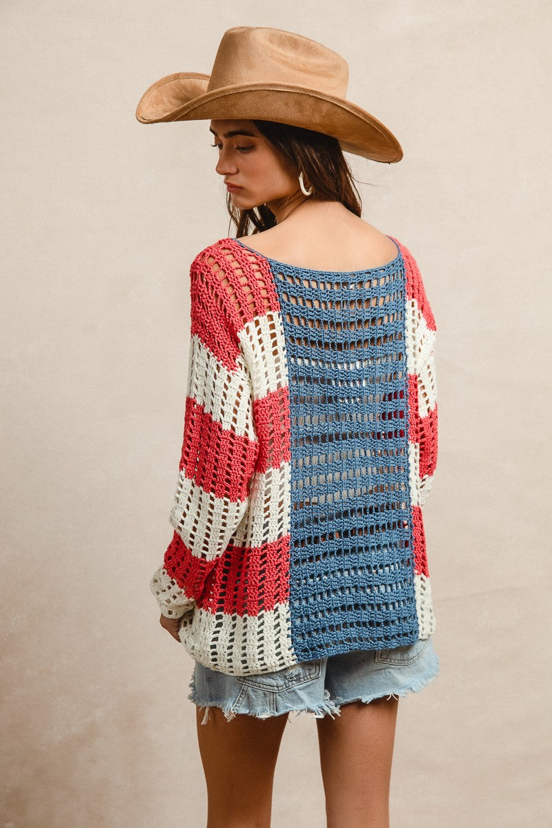 BIBI Crochet Star Open Knit American Flag Sweater