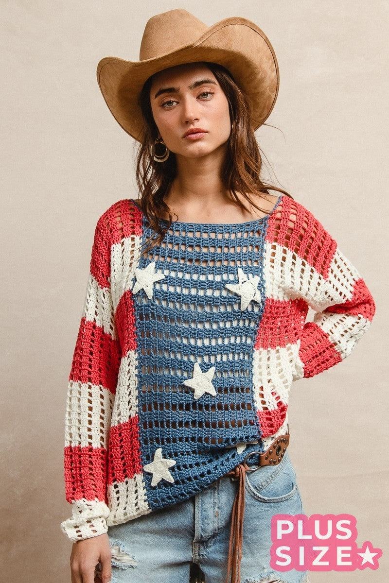BIBI Crochet Star Open Knit American Flag Sweater