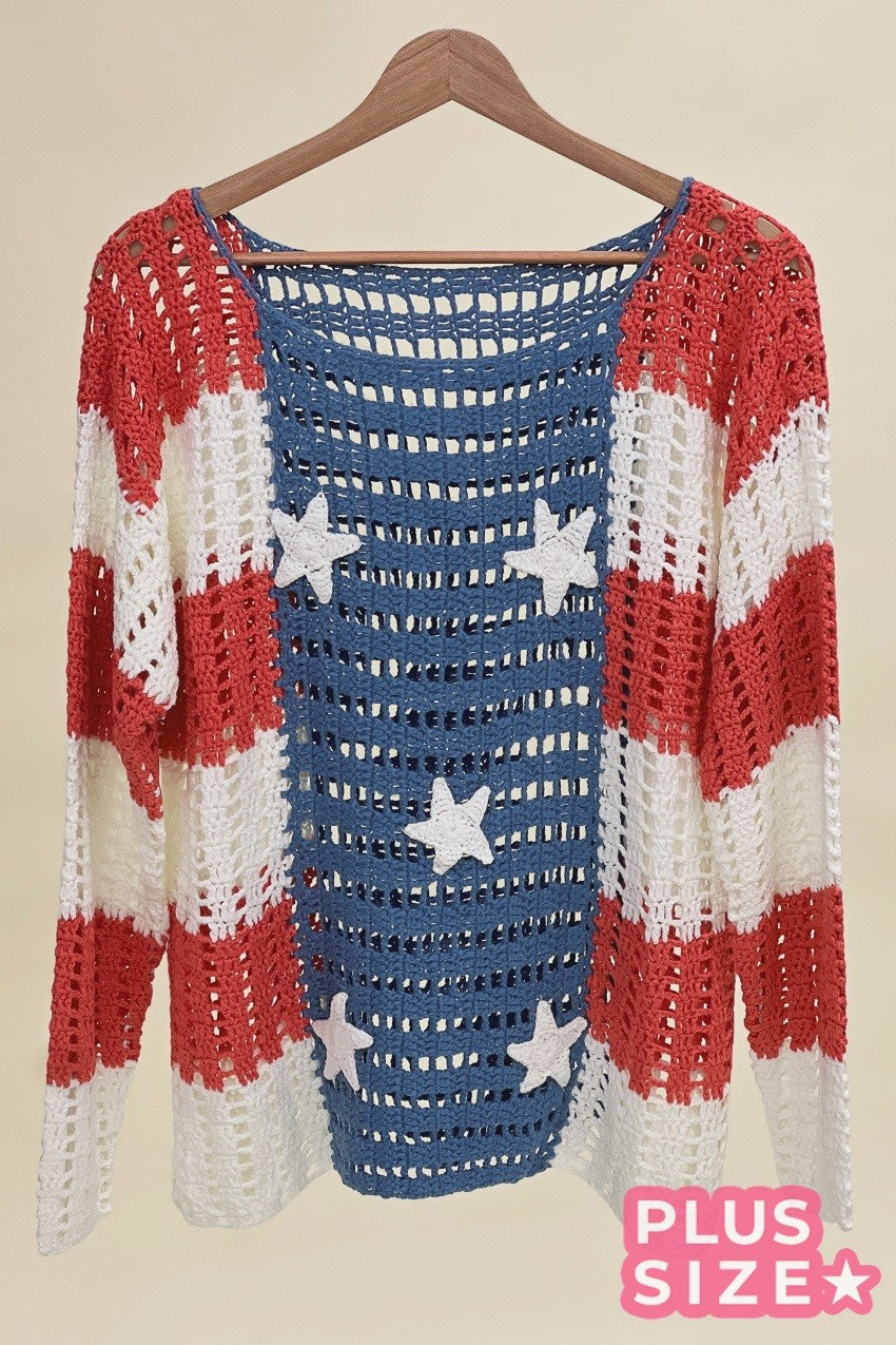 BIBI Crochet Star Open Knit American Flag Sweater