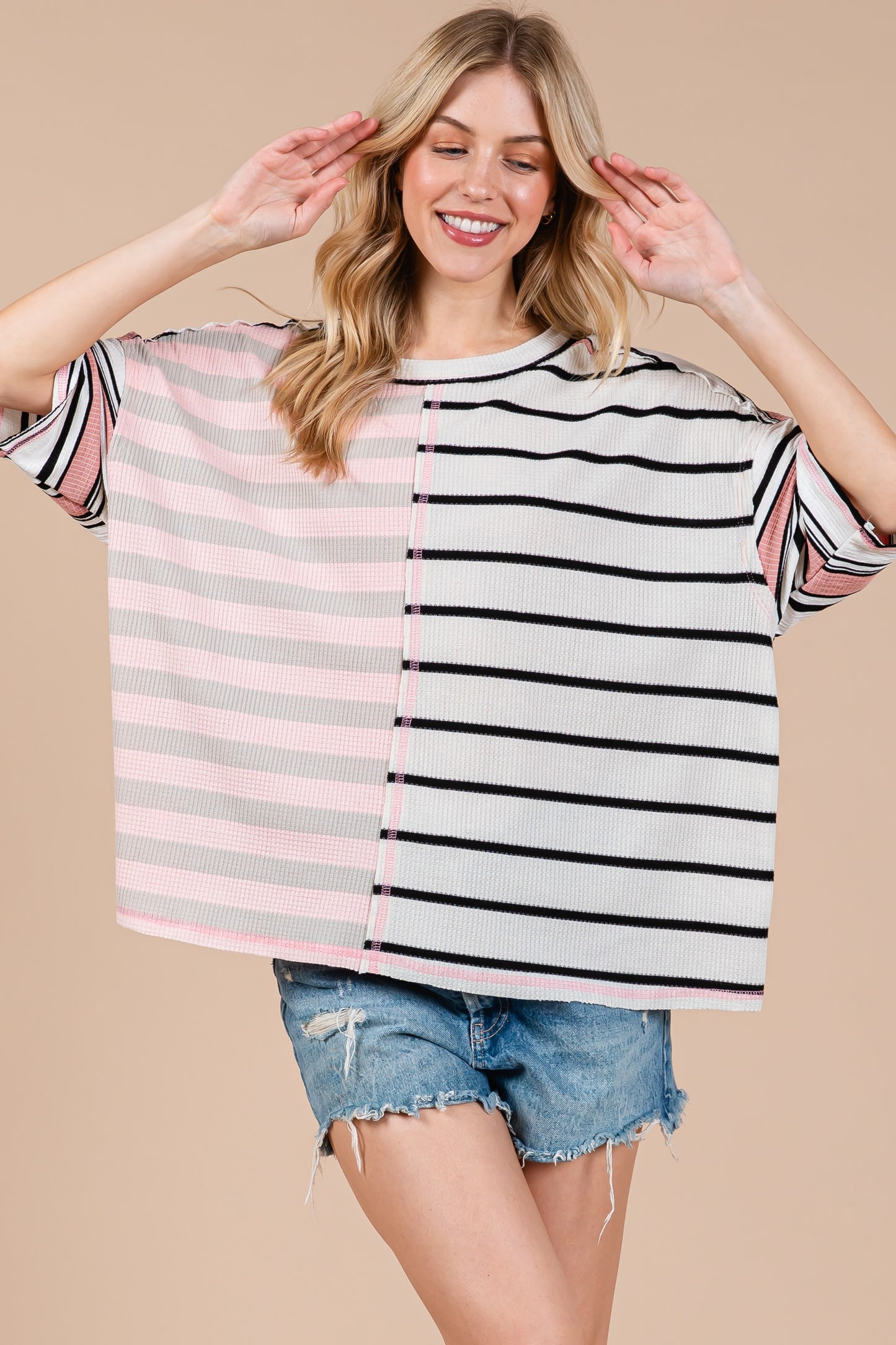CES FEMME Striped Color Block Top