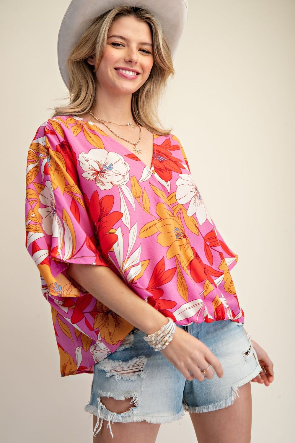 EASEL Floral Print Woven Top