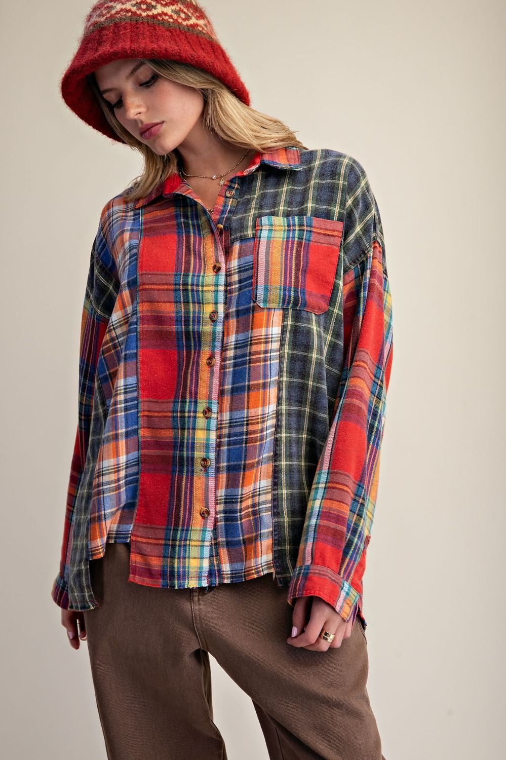 EASEL Plaid Mix Button Down Washed Shirt