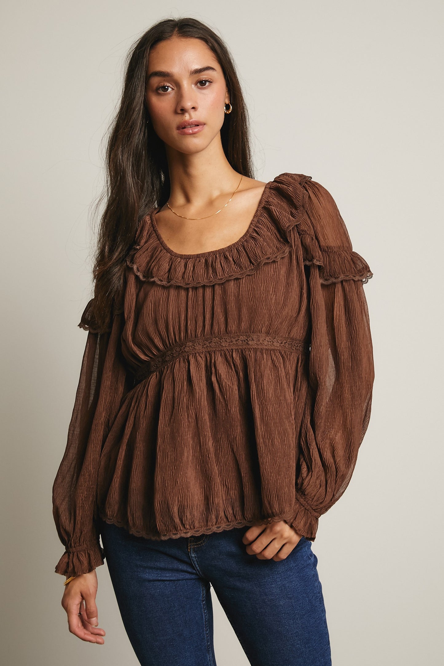 FORTE Ruffled Crinkle Peasant Blouse