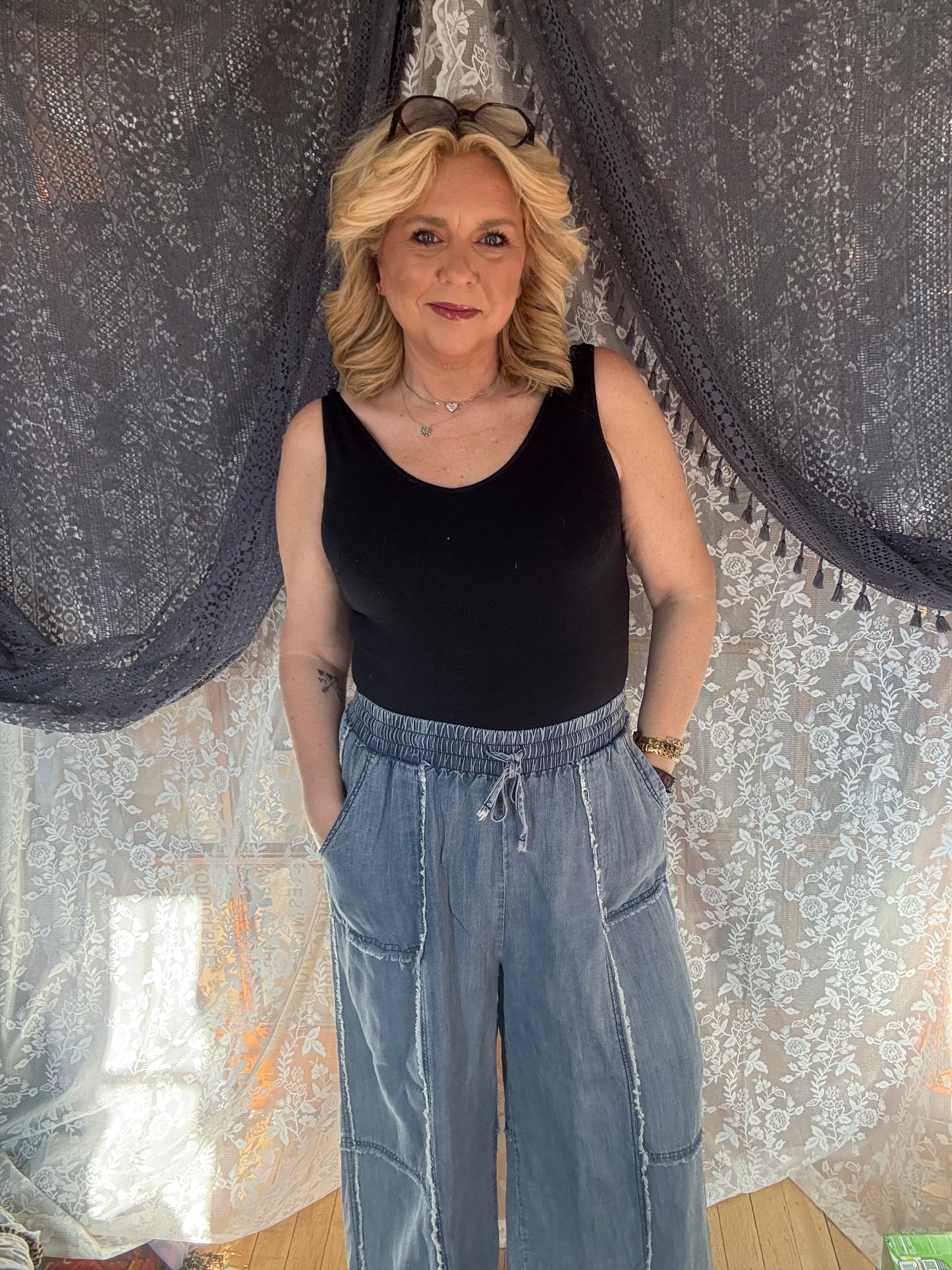 EASEL Washed Chambray Palazzo Pants Full Size Run
