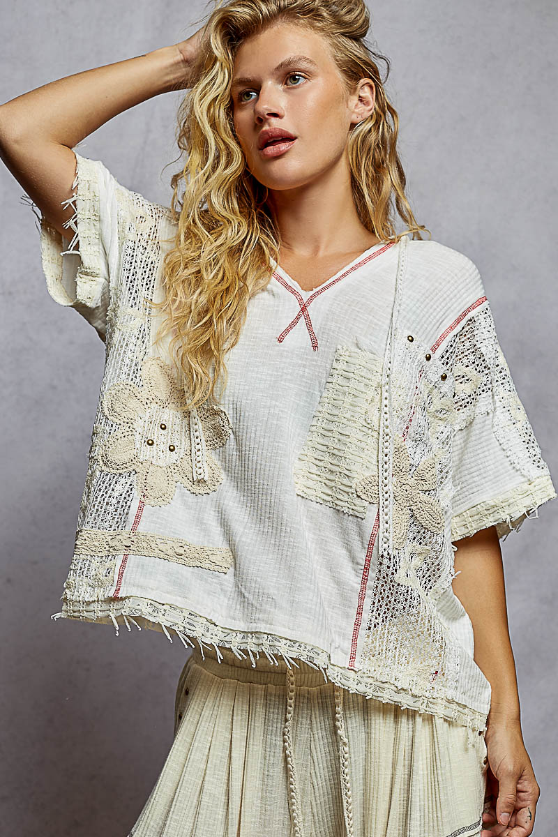 POL V-Neck Short Sleeve Crochet Top