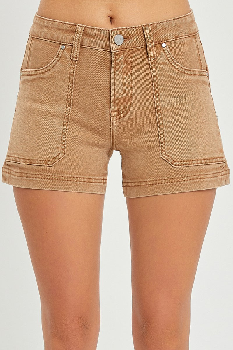 RISEN Mid Rise Cocoa Front Patch Pocket Shorts