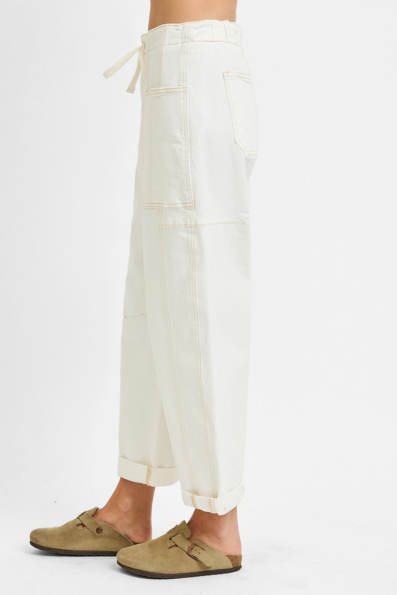 RISEN High Rise Crop Wide Barrel Cream Cargo Pants