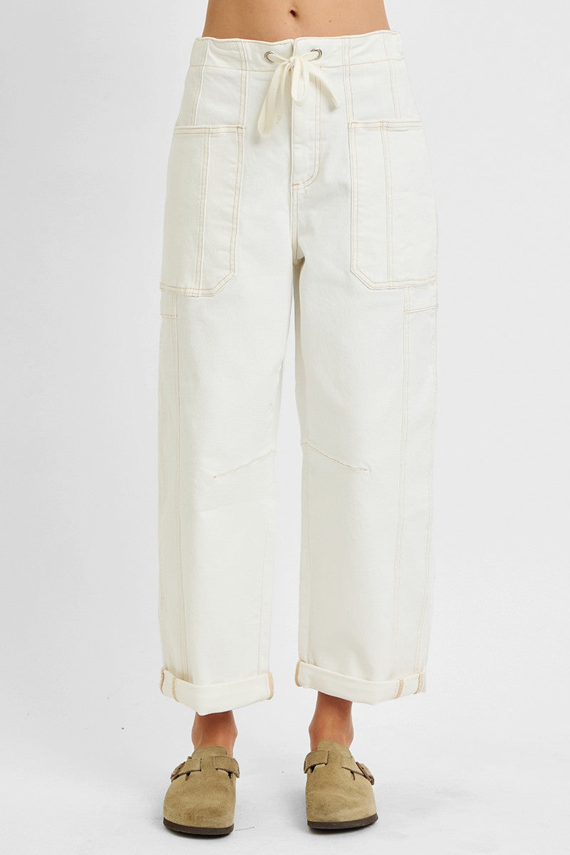 RISEN High Rise Crop Wide Barrel Cream Cargo Pants