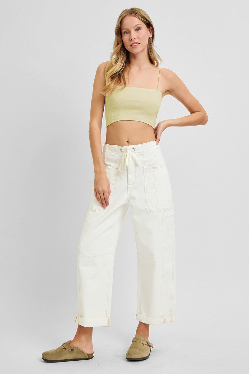 RISEN High Rise Crop Wide Barrel Cream Cargo Pants