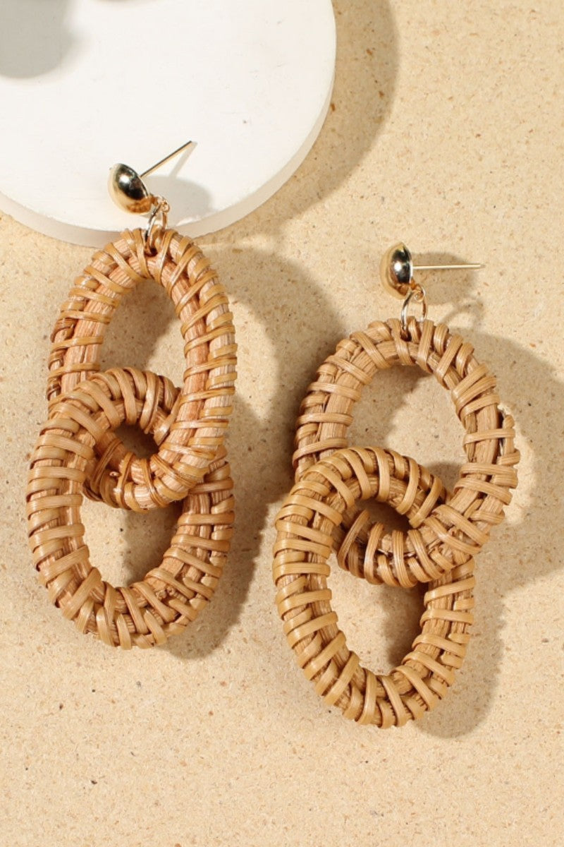 SWAN Raffia Double Drop Tassel Straw Woven Stud Earrings