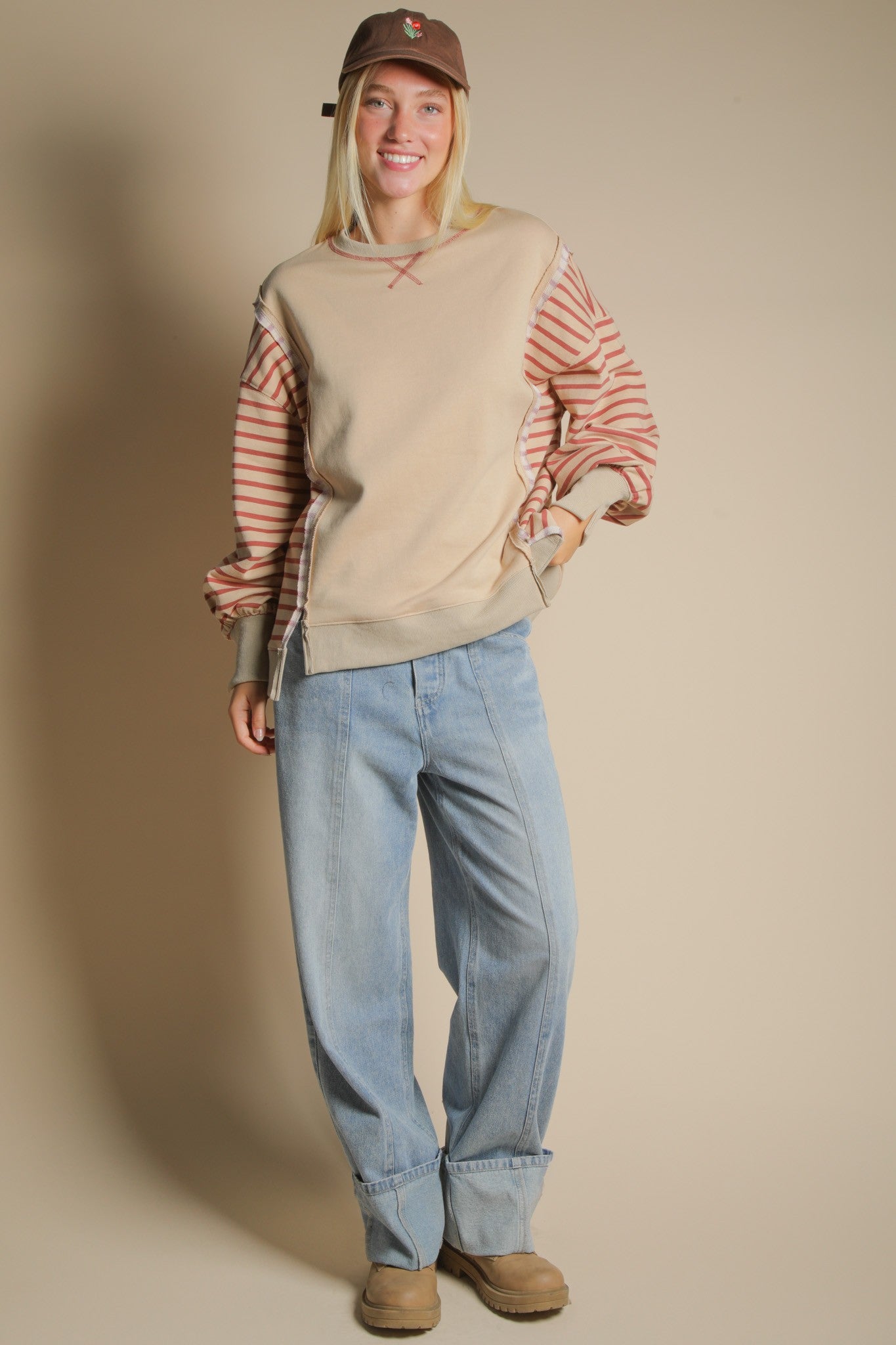 VERY J Plus Size Oversized Striped Casual Knit Top