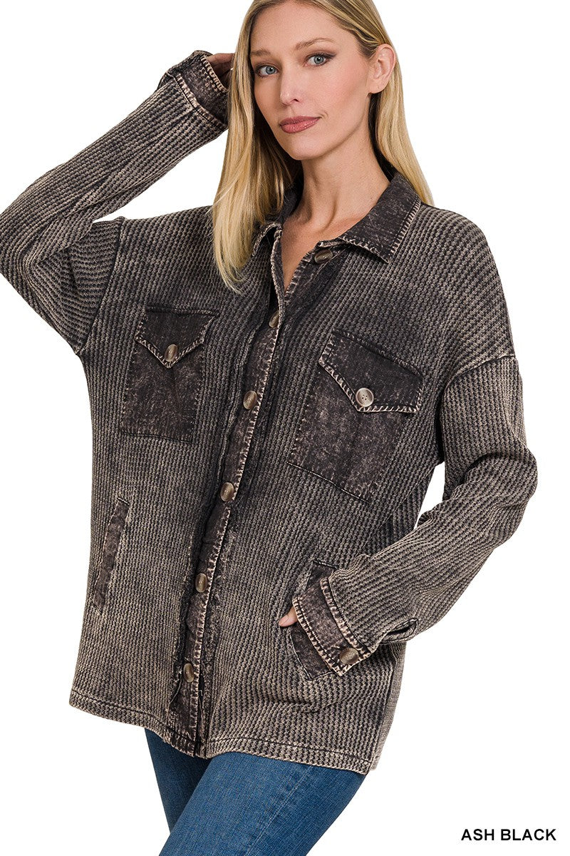 ZENANA Cotton Waffle Acid Wash Shacket