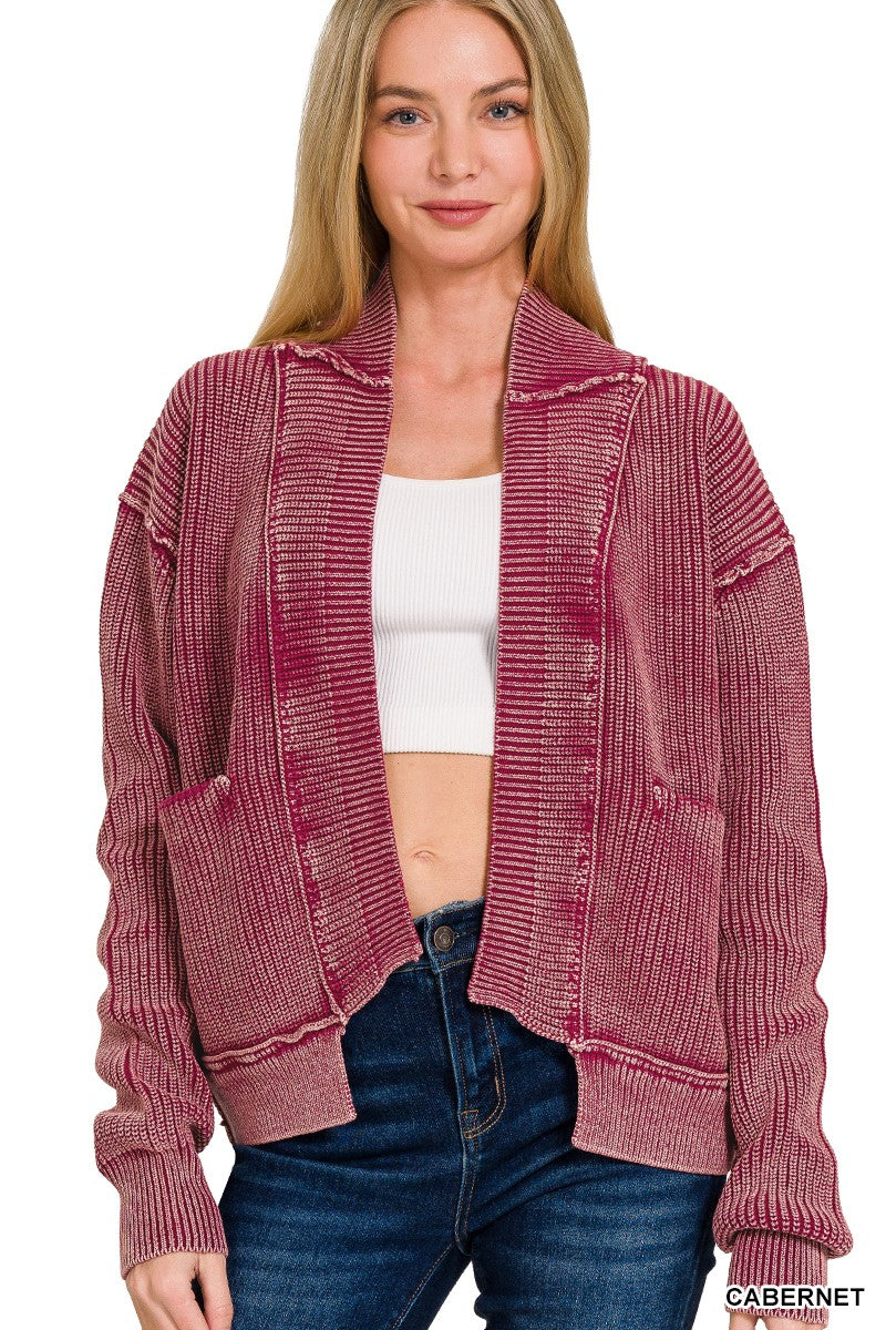 ZENANA Washed Drop Shoulder Cabernet Cardigan
