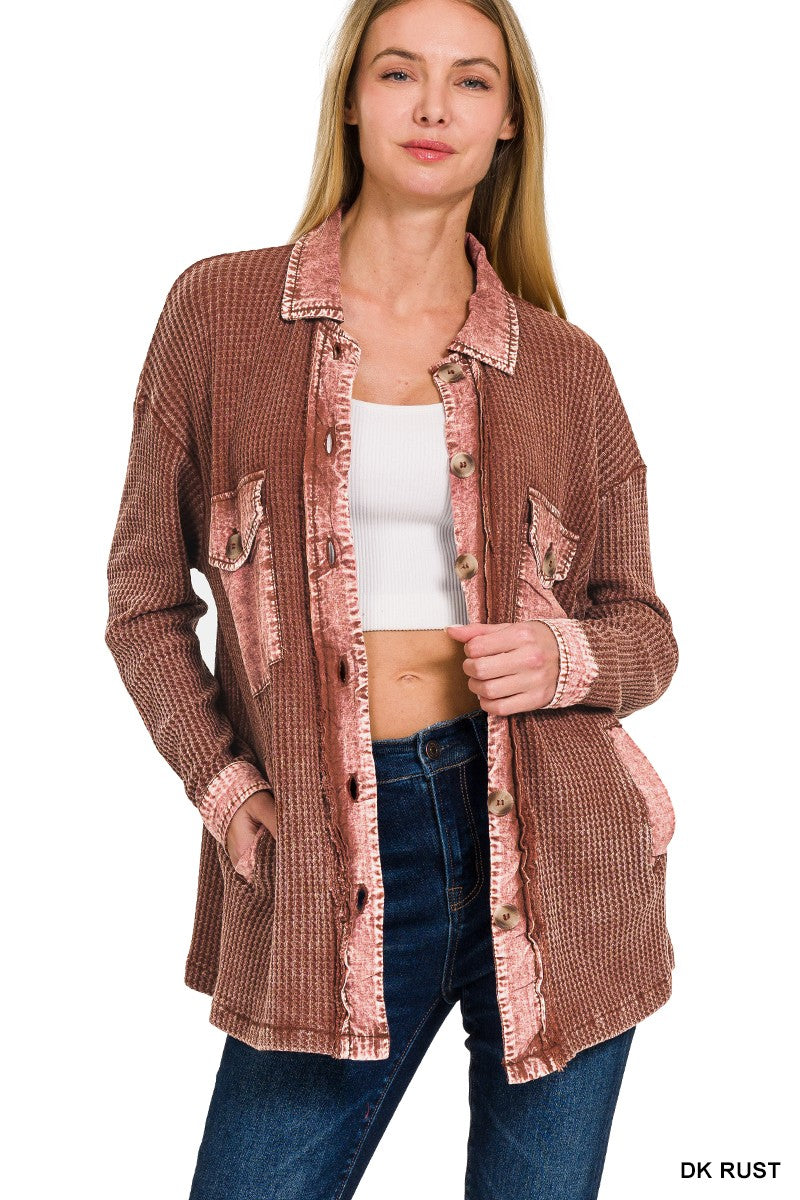 ZENANA Cotton Waffle Acid Wash Shacket