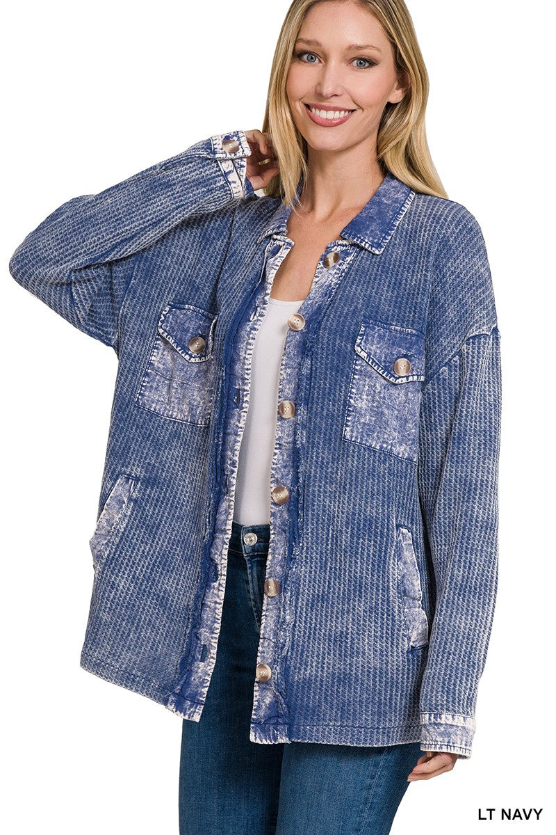 ZENANA Cotton Waffle Acid Wash Shacket