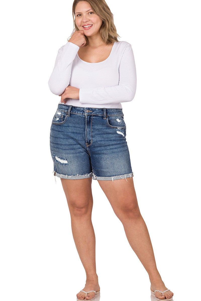 ZENANA Plus Distressed Cuffed Raw Hem Denim Shorts