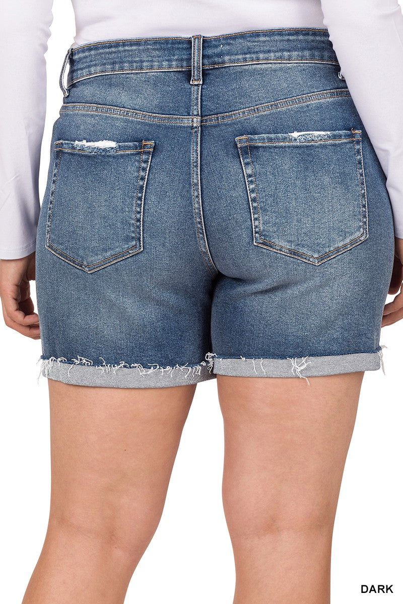 ZENANA Plus Distressed Cuffed Raw Hem Denim Shorts