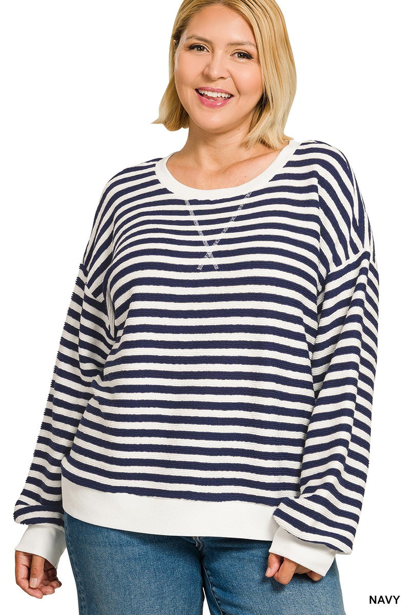 ZENANA Striped Rib Banded Pullover