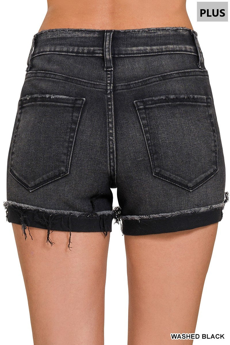 ZENANA Plus Washed Black Cuffed Raw Hem Denim Shorts