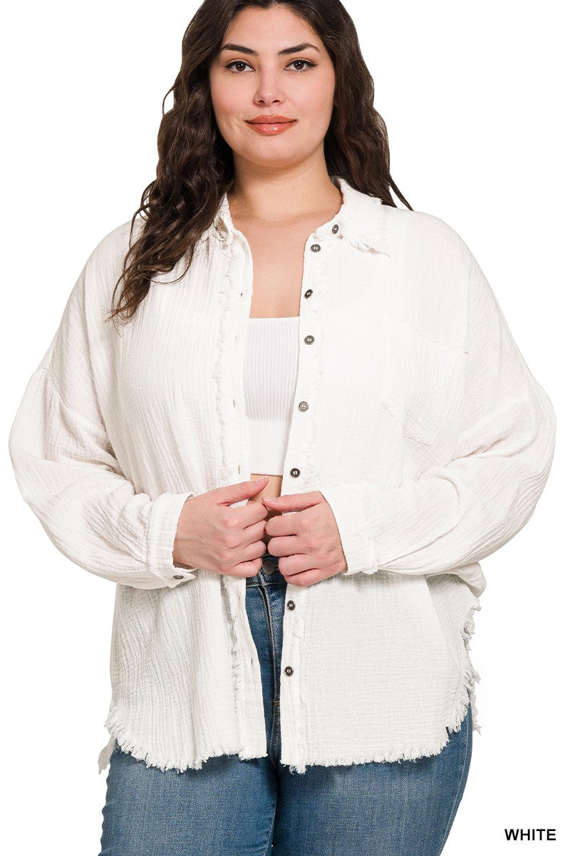 ZENANA Plus Double Gauze Oversized Raw Edge Shirt