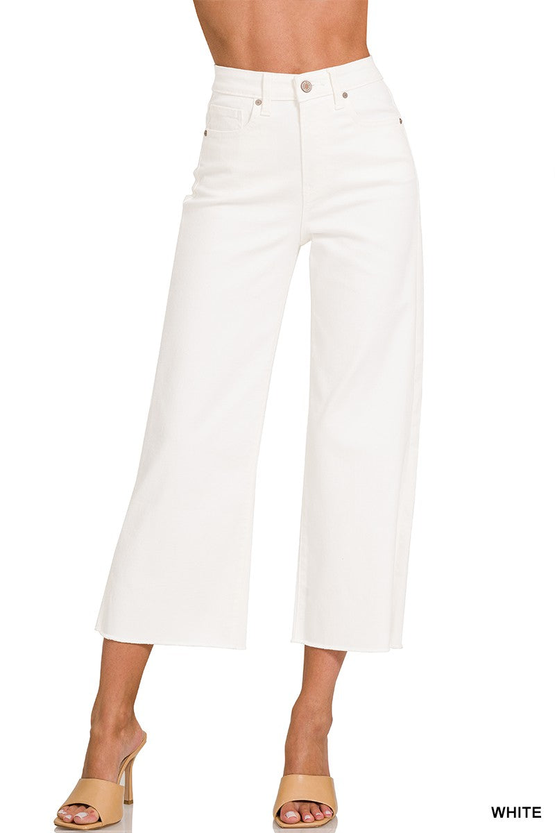 ZENANA High Rise Wide Leg Cropped White Denim Pants