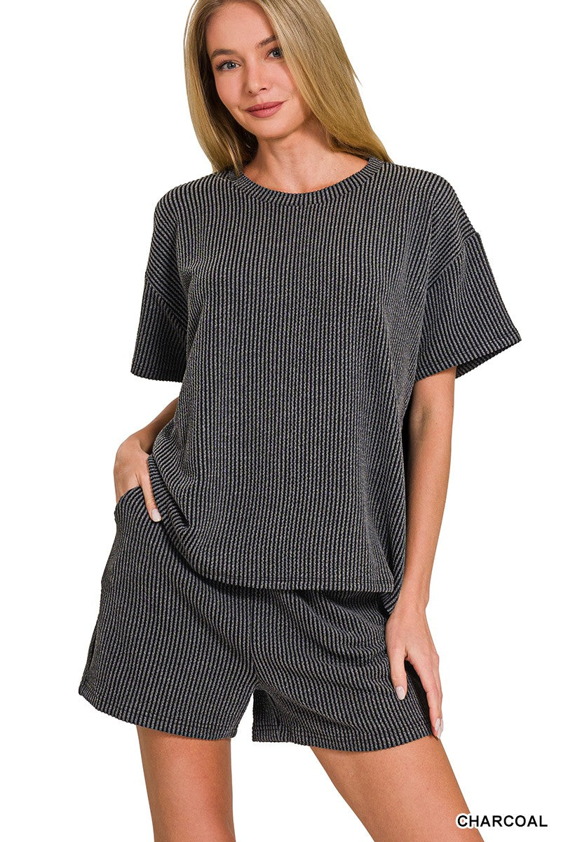 ZENANA Corded Rib Short Sleeve Tee and Shorts Set