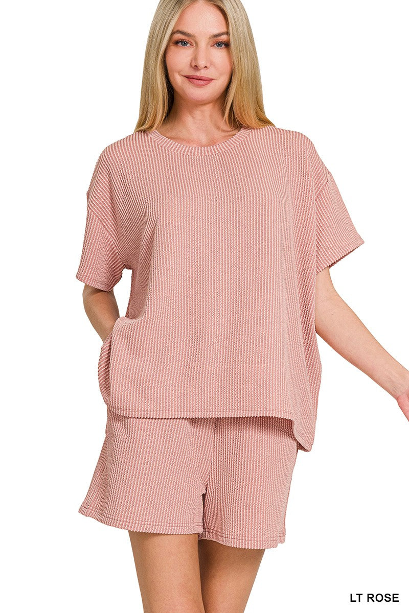 ZENANA Corded Rib Short Sleeve Tee and Shorts Set