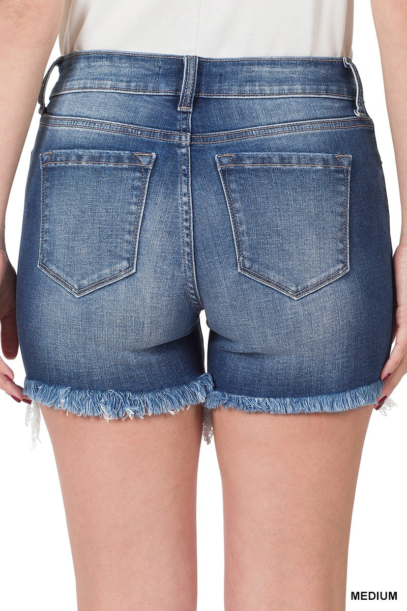ZENANA Mid Rise Frayed Hem Denim Shorts