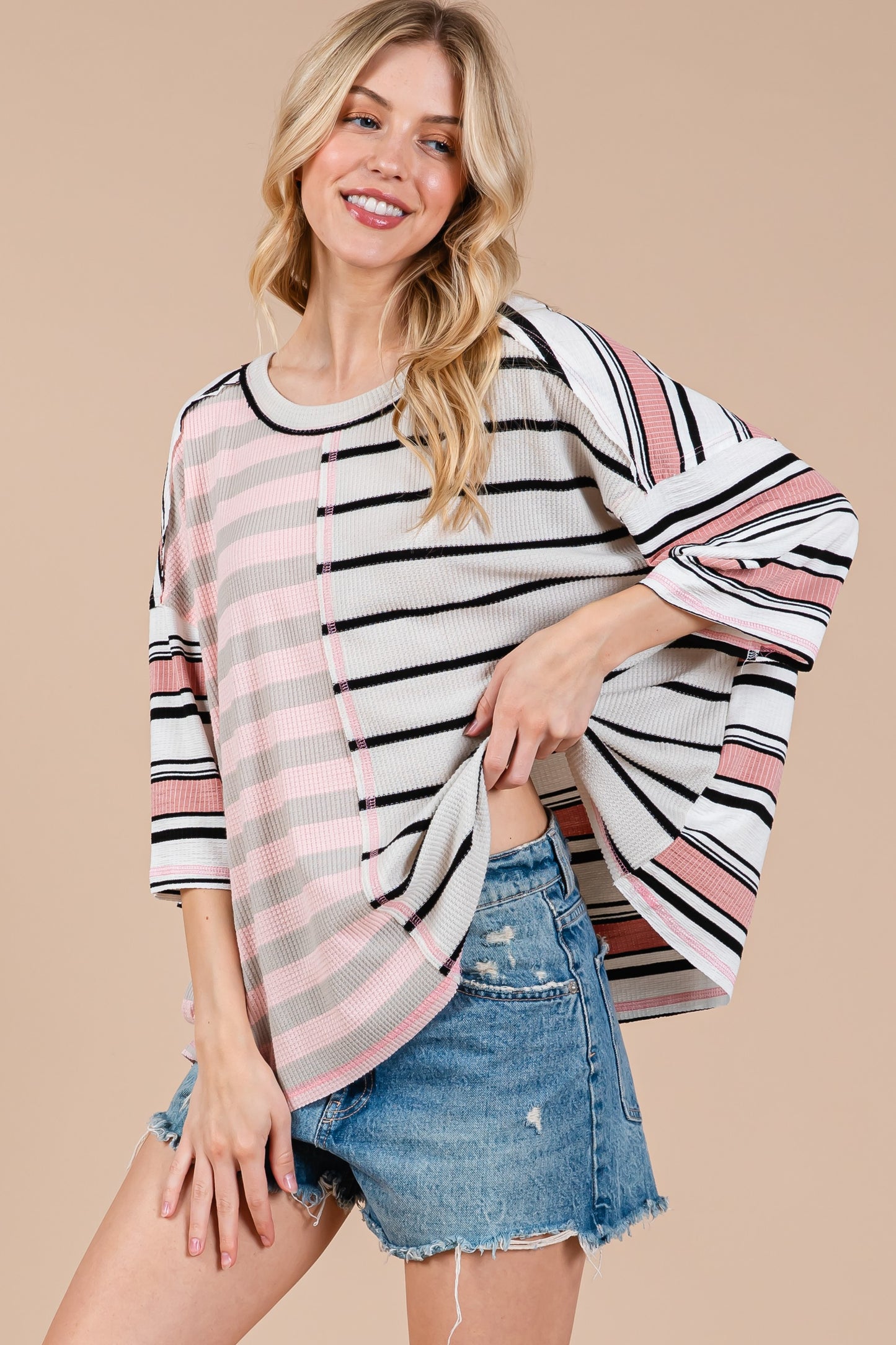 CES FEMME Striped Color Block Top