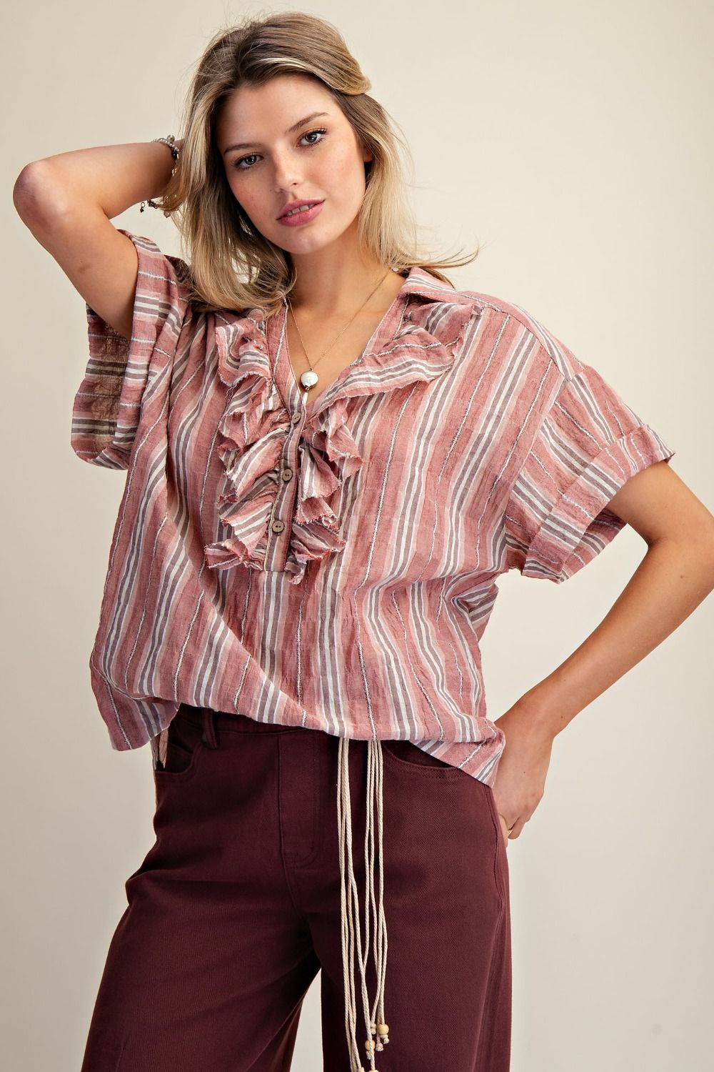 EASEL Crinkle Striped Blouse