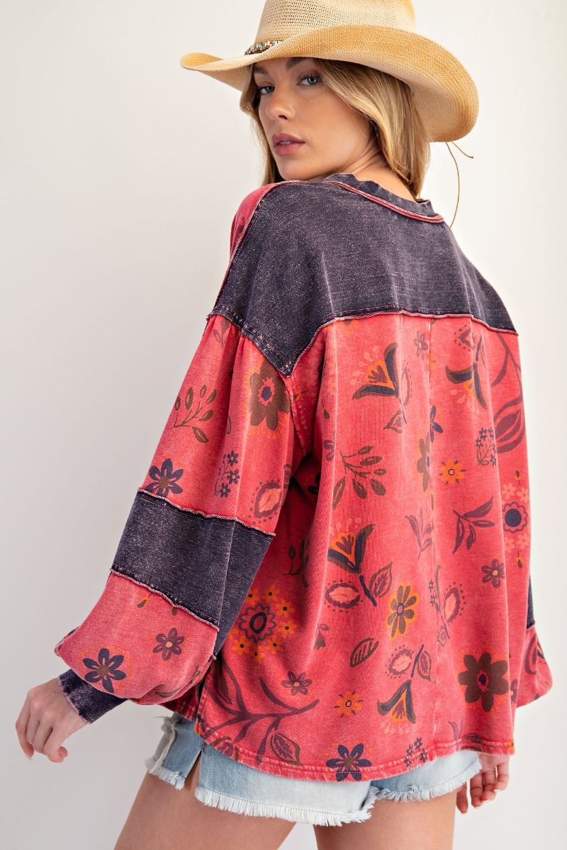 EASEL Floral Print Washed Terry Henley Top