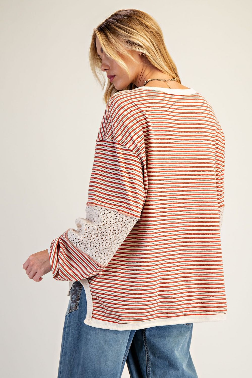 EASEL Coral Taupe Striped Washed Top
