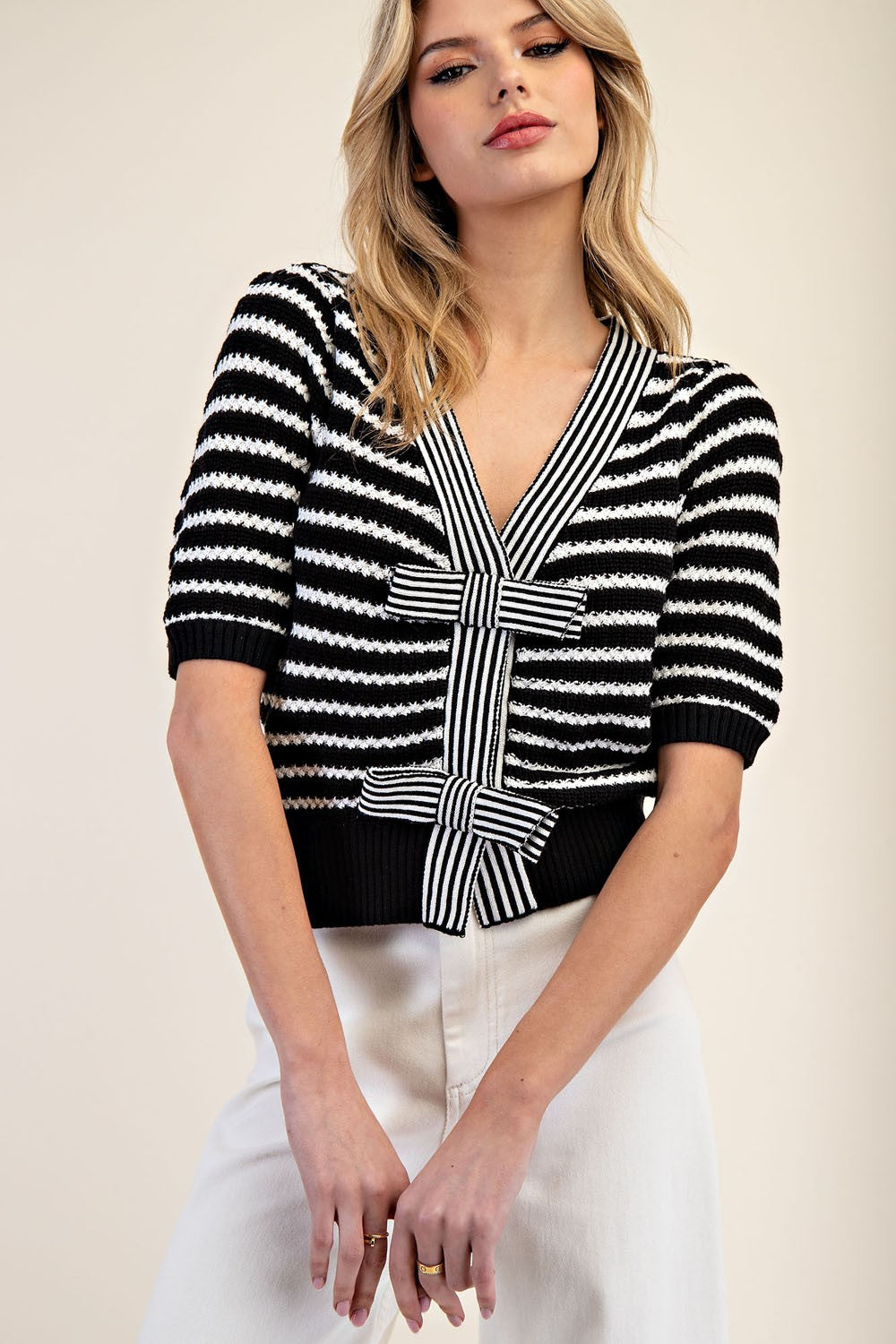 EE SOME Striped V Neck Short Sleeve Cardigan