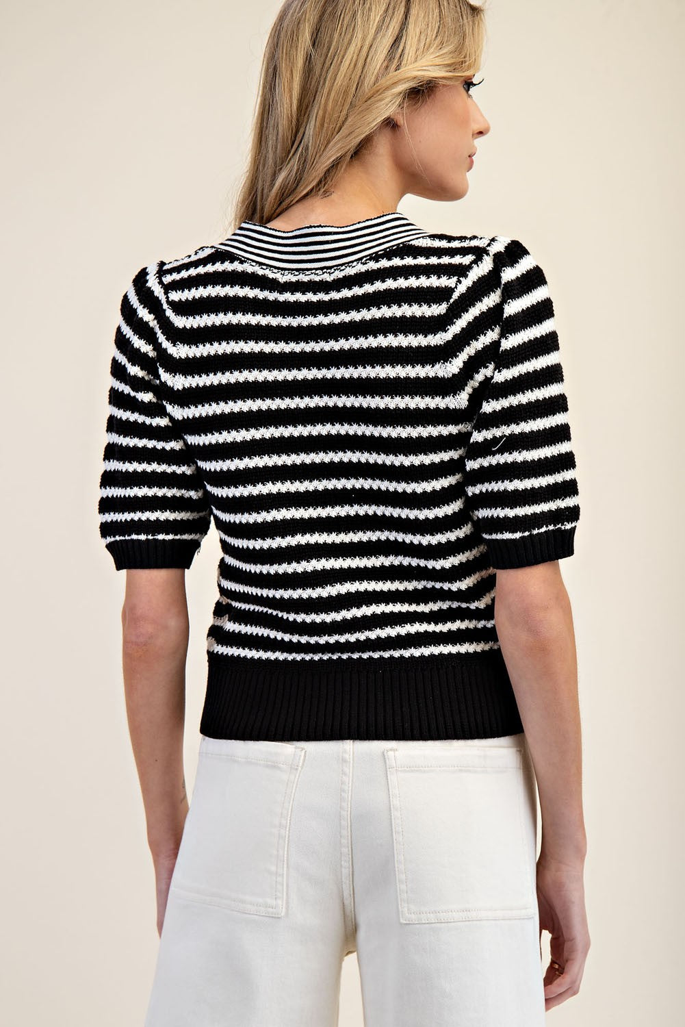 EE SOME Striped V Neck Short Sleeve Cardigan