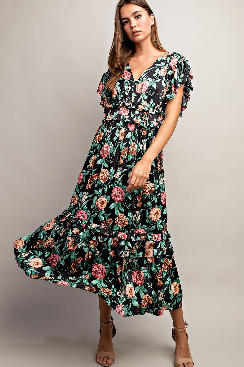 EE:SOME V Neck Ruffle Tiered Midi Dress