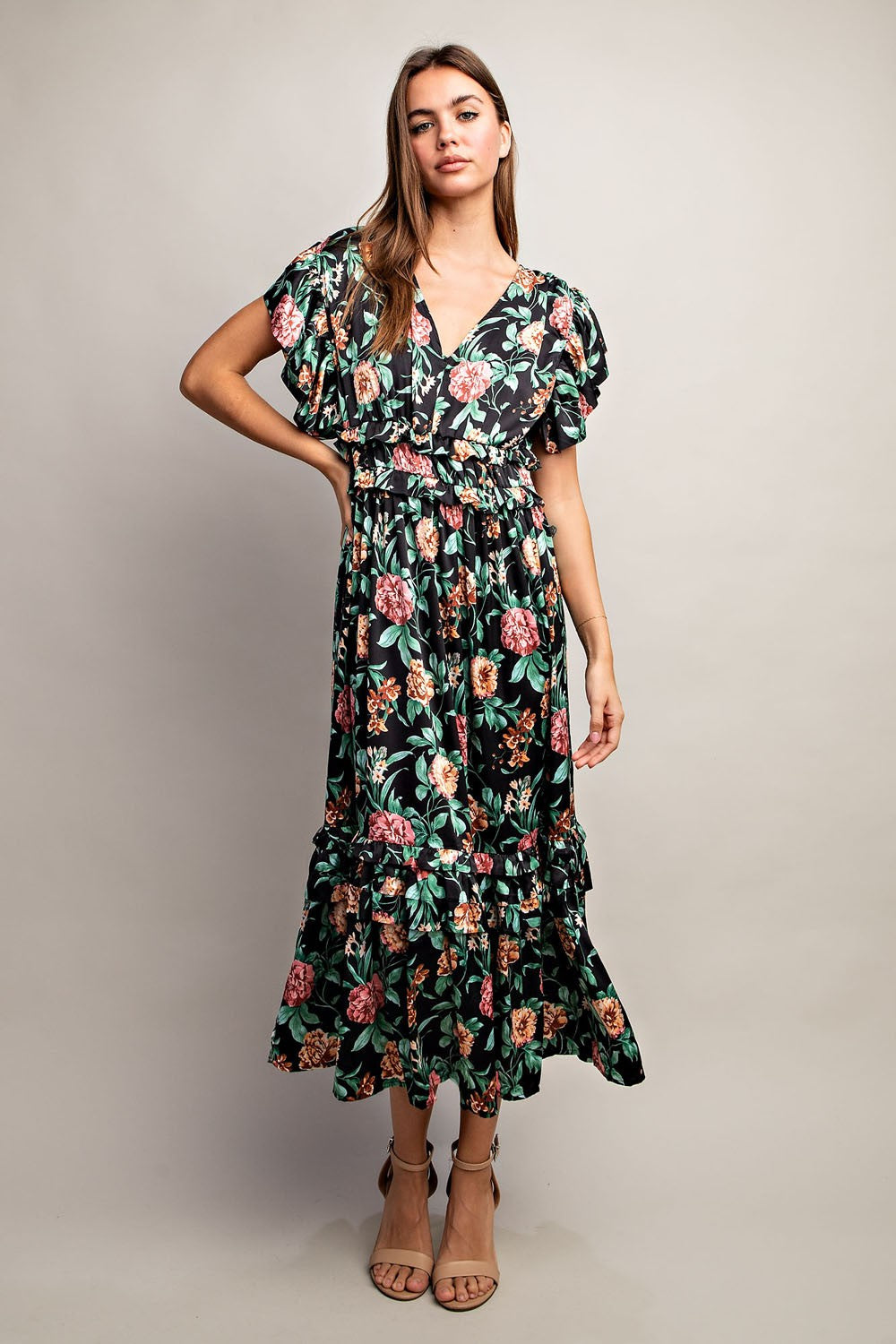 EE:SOME V Neck Ruffle Tiered Midi Dress