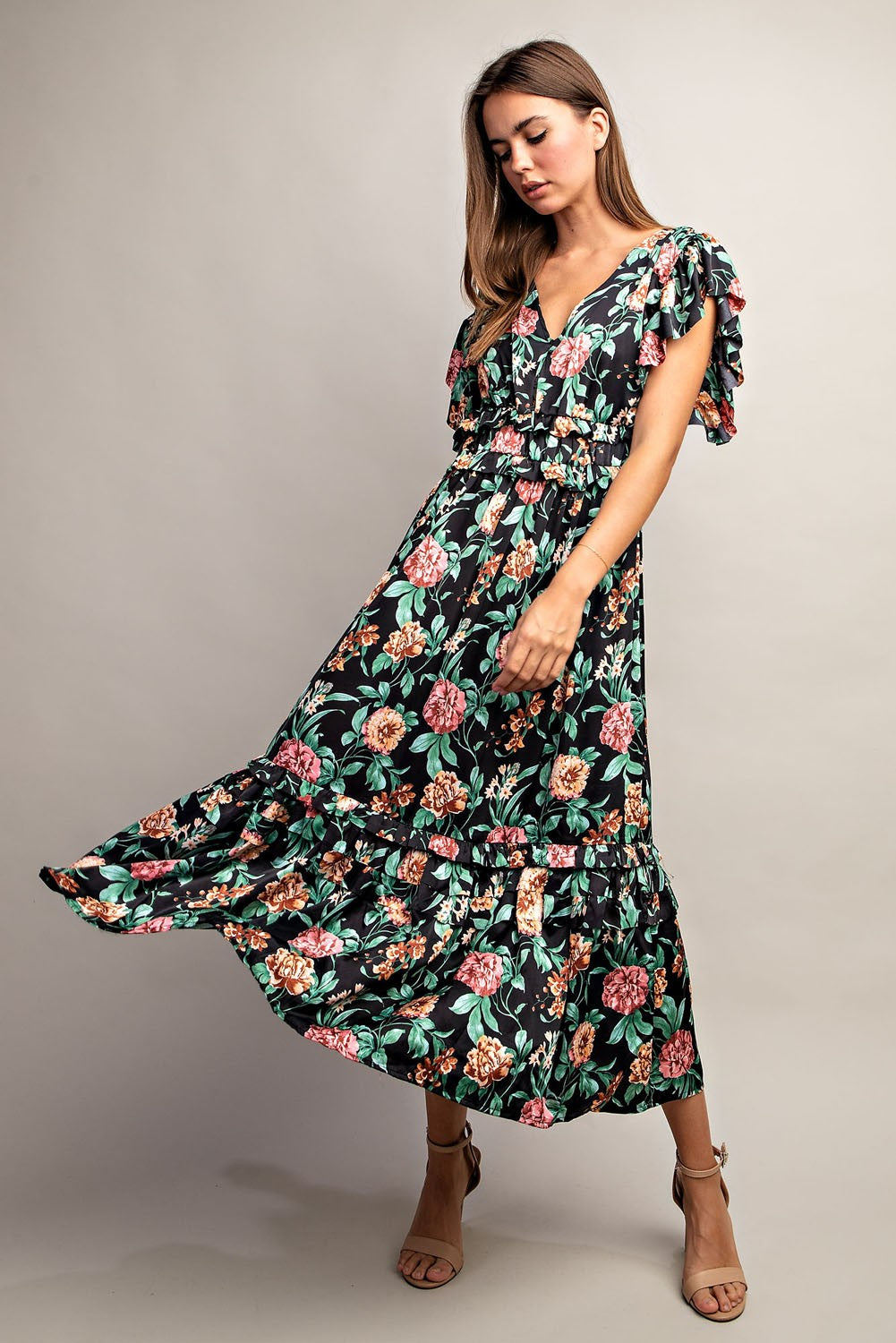 EE:SOME V Neck Ruffle Tiered Midi Dress