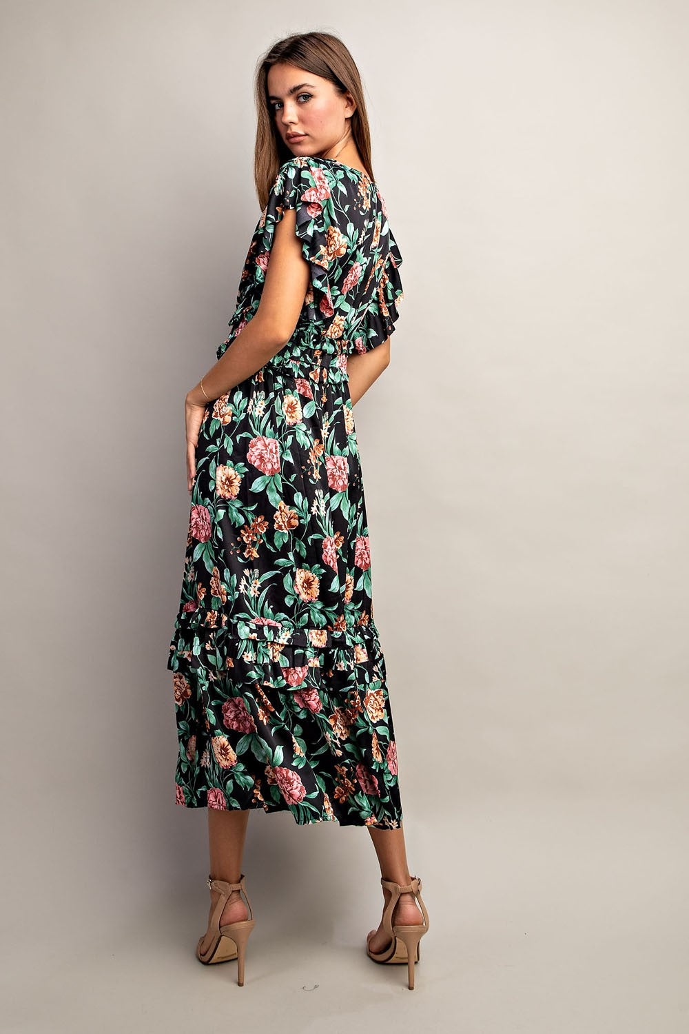 EE:SOME V Neck Ruffle Tiered Midi Dress