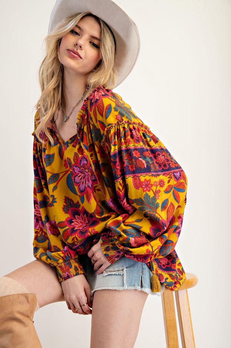 EASEL BOHO Mustard Floral Top Full Size Run