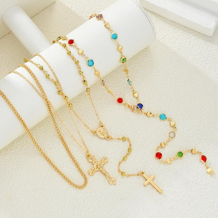 JOSSLYN Boho Y Multi Stone Cross Lariat Layer Necklace