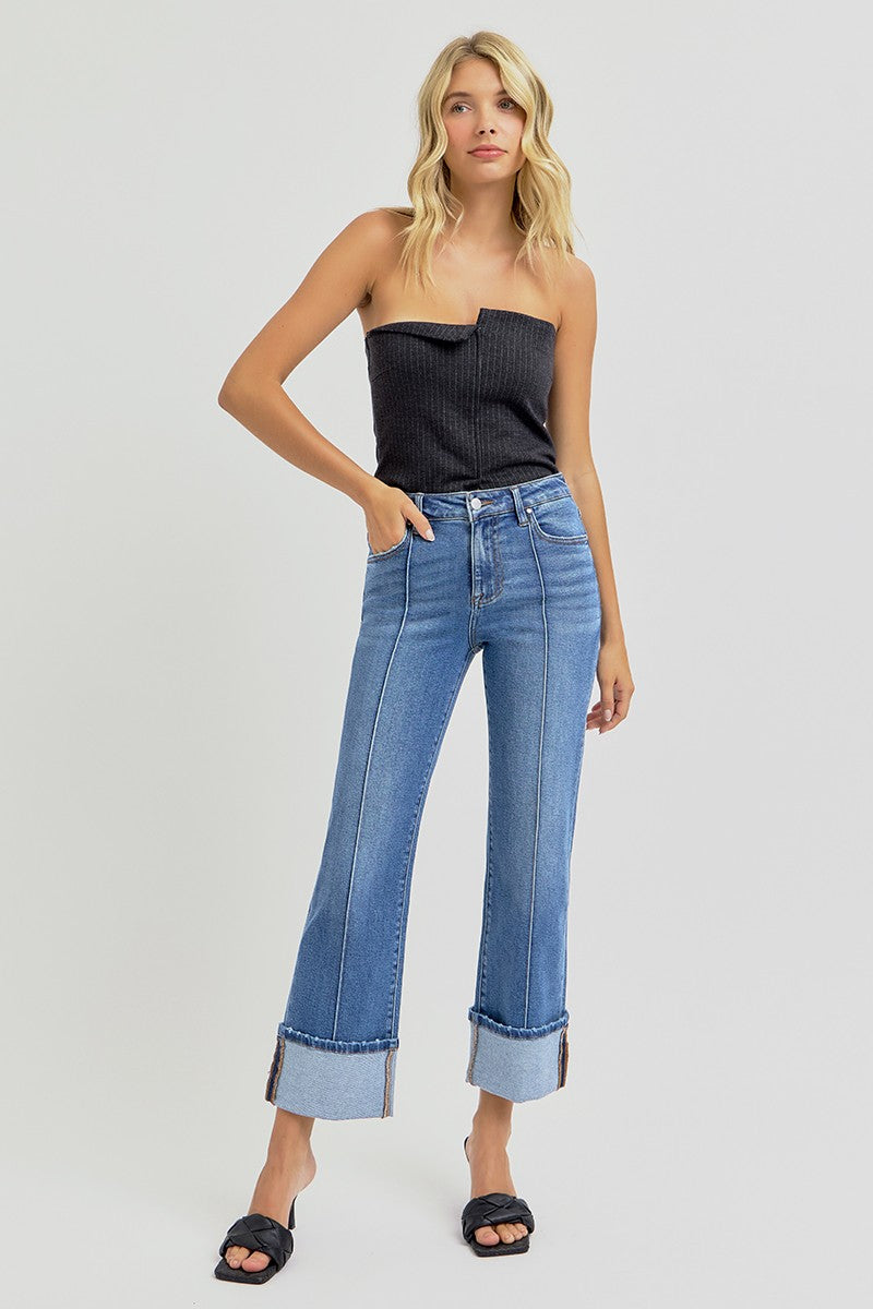 RISEN High Rise Front Seam Ankle Straight Wide Cuffed Jeans