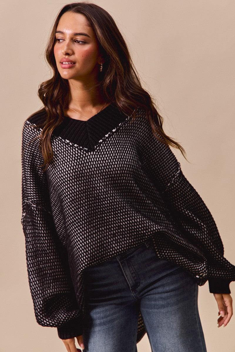 SO ME Oversized Two Tone V Neck Sweater