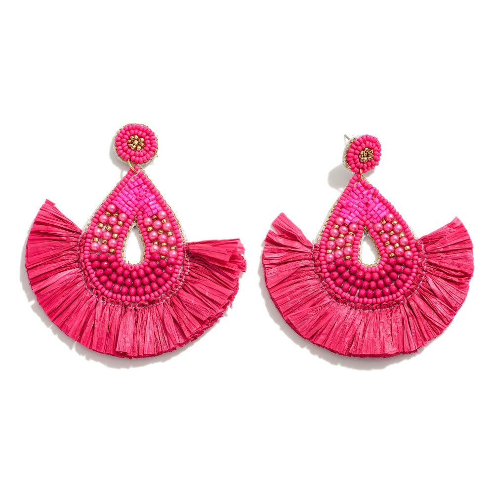 JUDSON Seed Bead Teardrop Earrings With Raffia Fan Tassels In 2 Colors