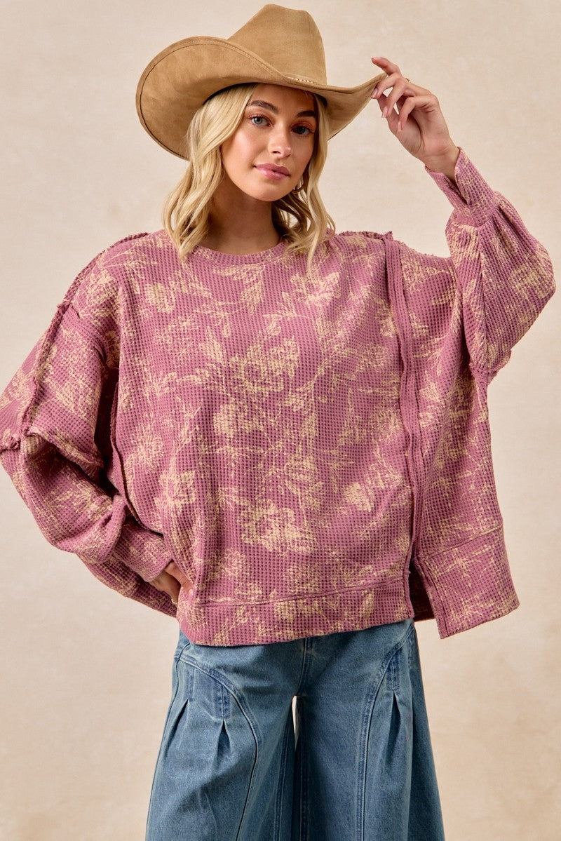 BIBI Floral Print Washed Oversized Waffle Top