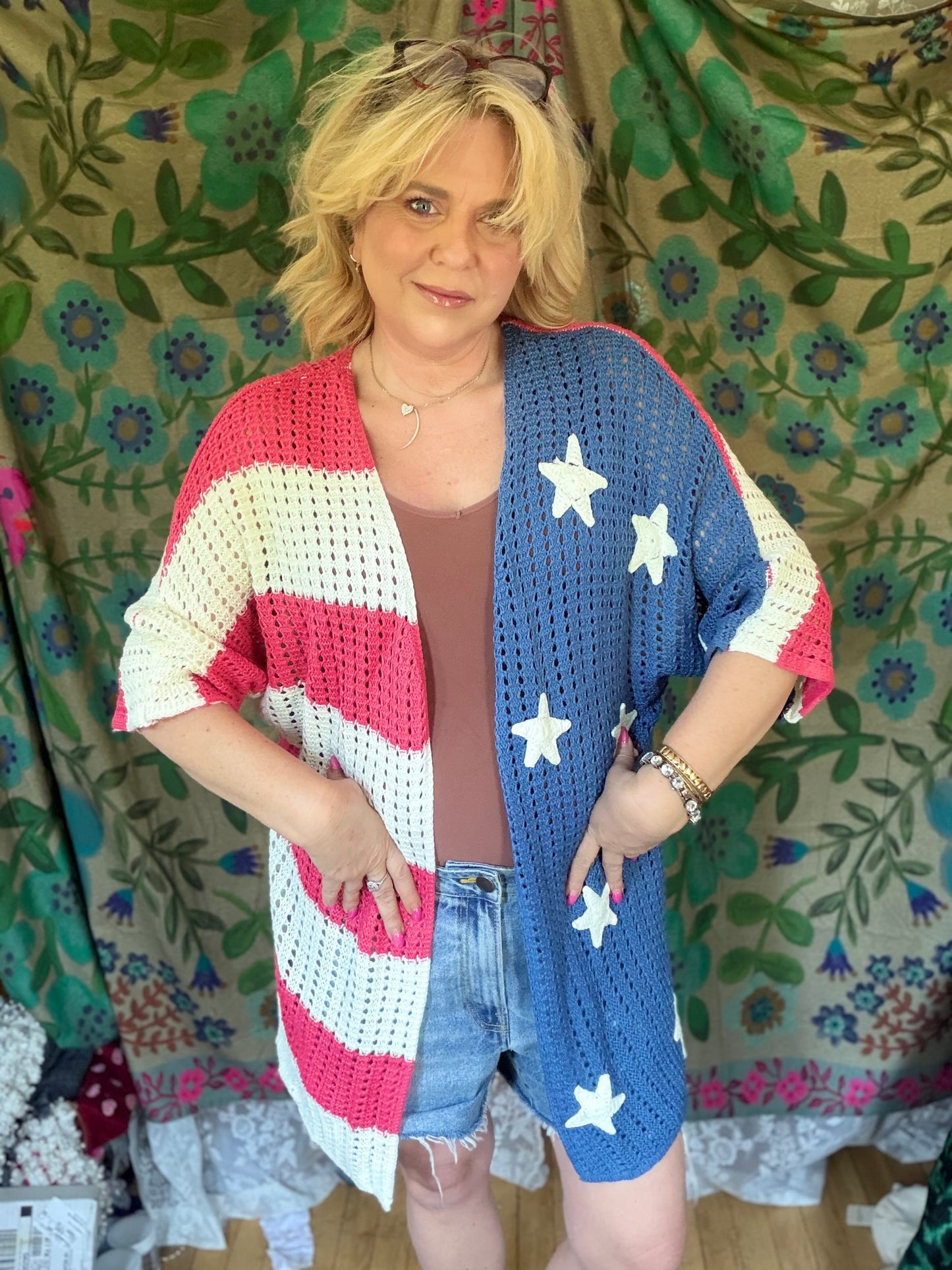 BIBI Star Patches American Flag Open Knit Cardigan