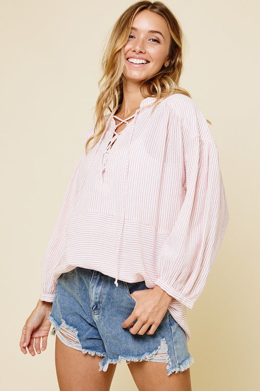 CES FEMME Balloon Long Sleeve Lace-up Top